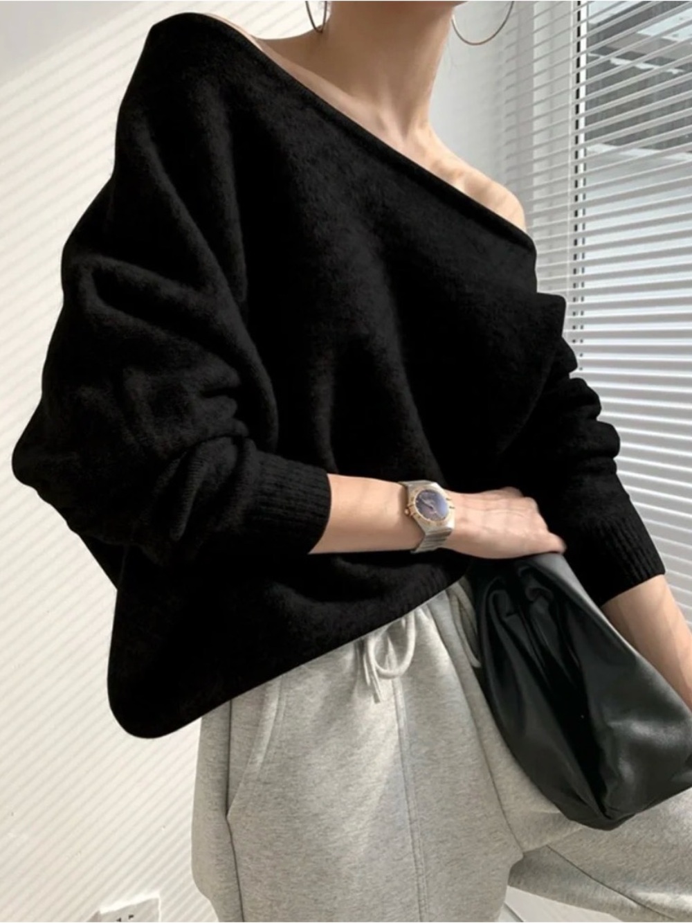 Commense Black Off-Shoulder Asymmetrical Women’s Sweater